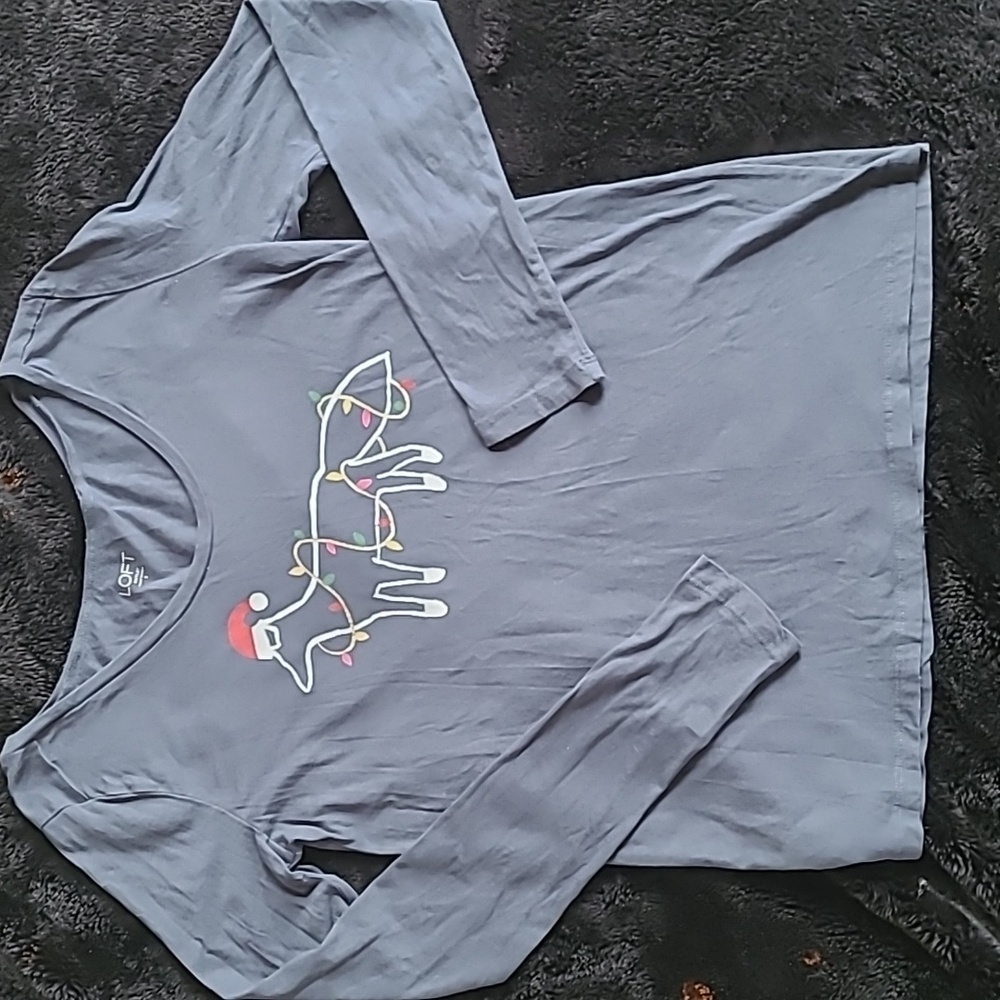 Loft gray reindeer indeer Christmas Xmas soft long sleeve t holiday sz S